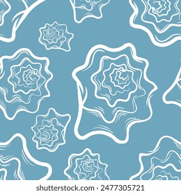 Seamless seashell pattern on blue background.