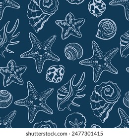 Seamless seashell pattern on dark blue background.