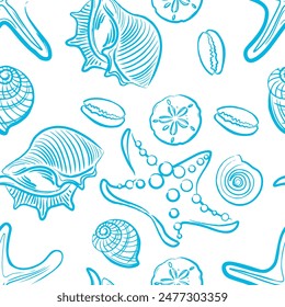 Seamless seashell pattern on white background.
