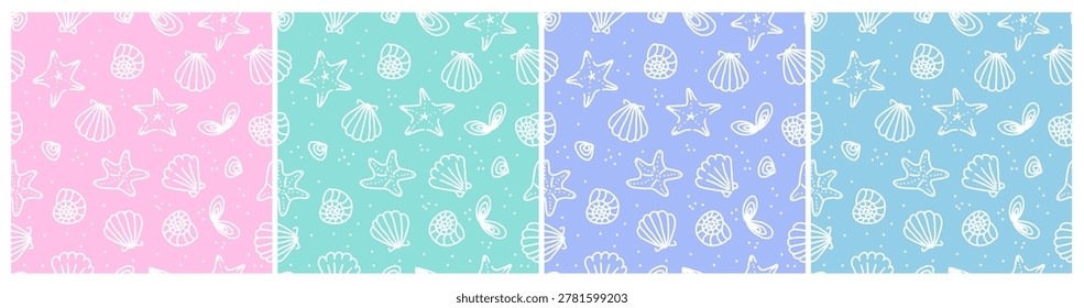 Seamless seashell pattern set with starfish and shells in white line art. Vector illustration in pastel color variations, perfect for kids fabric, nursery wallpaper or coastal design.