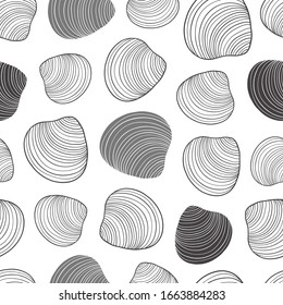 Seamless Seashell Pattern in Shades of Grey in White Background