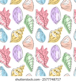 Seamless seashell pattern with shells in flat style. Hand drawn summer sea themed design for textile, wrapping, card, background.