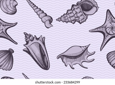 seamless seashell pattern sketch style vector illustration