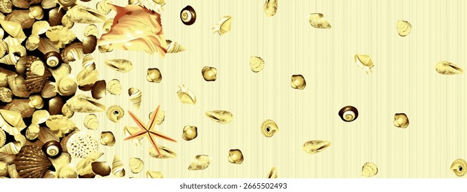 Seamless seashell pattern with starfish and scallop hand drawn watercolor illustration with sea shells on beige background print with underwater cockleshells for wrapping paper or textile design
