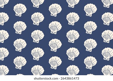 Seamless seashell pattern with white scallop shells on navy blue minimal marine repeat design for beach fabrics, summer textiles and packaging.