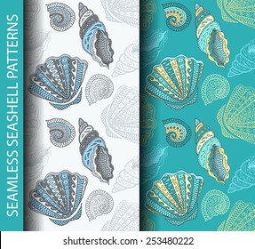 Seamless seashell patterns. Based on hand drawn sketch, without gradients and clipping mask. 