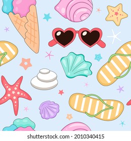 Seamless seashells and starfish pattern. Tropical vacation pattern with beach stuff - heart sunglasses, flip flops, seashells, starfish. Summer theme pattern for fabric, paper, decoration design.