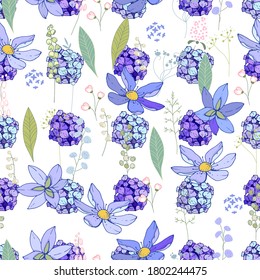 Seamless season pattern with blue cute flowers. Endless texture for floral summer design with flowers