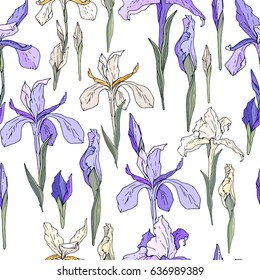 Seamless season pattern with blue and white irises. Endless texture for floral summer design with flowers