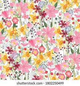 Seamless season pattern with cute bright tulips, daffodils and roses. Endless texture for floral summer design with flowers