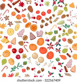 Seamless season pattern with fruits, cookies, berries,spice, nuts and candies isolated on white.  For season design, announcements, postcards, posters.