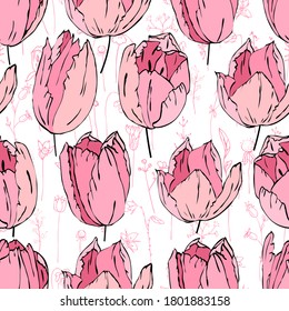 Seamless season pattern with pink tulips. Endless texture for floral summer design with flowers