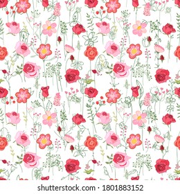 Seamless season pattern with red and pink cute flowers. Endless texture for floral summer design with flowers