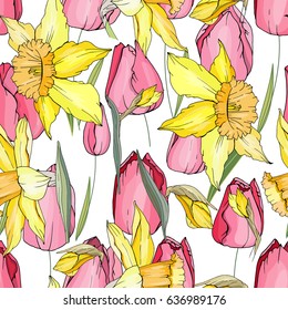 Seamless season pattern with red tulips and yellow daffodils.. Endless texture for floral summer design with flowers