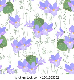 Seamless season pattern with viola. Endless texture for floral summer design with flowers