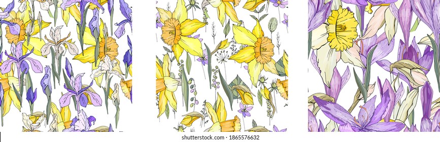 Seamless season patterns with blue crocuses, irises and yellow daffodils. Endless textures for season design