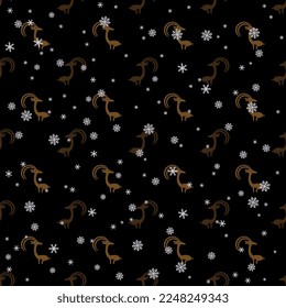 Seamless seasonal animal winter pattern with stylized horned ibex goats and snowflakes. On black background.