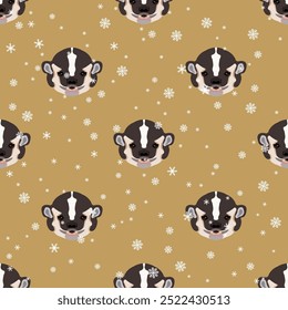 Seamless seasonal animal winter pattern with heads of American badger and snowflakes. Taxidea taxus. Cartoon style. On yellow background.