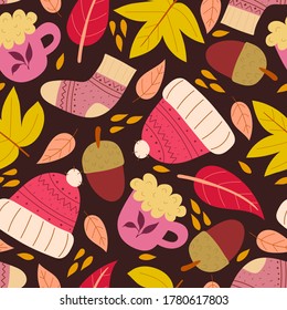 Seamless seasonal autumn vector pattern with theme elements on a neutral background. vector flat style. hand drawing. design for fabric, textile, print, wrapper.