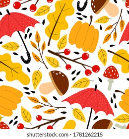 Patrón vectorial de otoño sin problemas con elementos temáticos. estilo plano vectorial. dibujo a mano. diseño para tela, textil, impresión, envoltura.