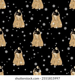 Seamless seasonal Christmas pattern with beautiful Japanese women and snowflakes. Ethnic winter design. On black background.