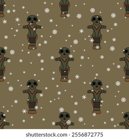 Seamless seasonal ethnic pattern with female figurines and snowflakes. Winter design with Neolithic goddess. Vinča culture from Serbia.