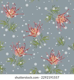Seamless seasonal floral pattern with blooming branches of Grevillea flower and snowflakes. Grevillea banksii. Exotic red blossom. On gray blue background.