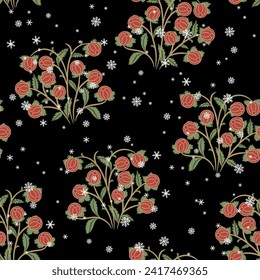 Seamless seasonal floral pattern with blooming branches and snowflakes. Red blossom, fruits or berries and green leaves on black background. Folk style.