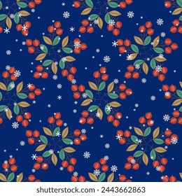 Seamless seasonal floral pattern with blooming branches and snowflakes. Red ripe fruits or berries under snow on blue background. Folk style.