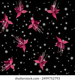 Seamless seasonal floral pattern with blooming flowers of purple fuchsia plant under snowflakes. On black background. 