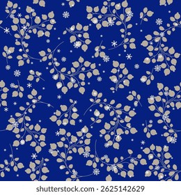 Seamless seasonal floral pattern with blooming branches and snowflakes. Monochrome silhouettes on blue background.