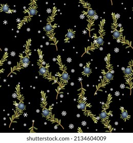 Seamless seasonal floral pattern with branches of crowberry or blackberry plant and snowflakes. Empetrum nigrum. Green leaves and blue berries on black background.