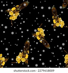 Seamless seasonal floral pattern with clusters of Cassia bloom under snowflakes. Blooming branches of Senna Alata candle flower. Exotic yellow blossom. On black background.