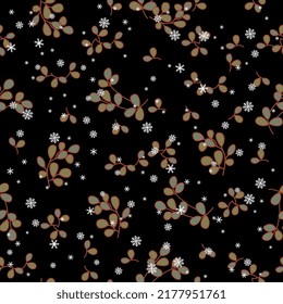Seamless seasonal floral pattern with stylized branches with leaves and snowflakes. On black background.