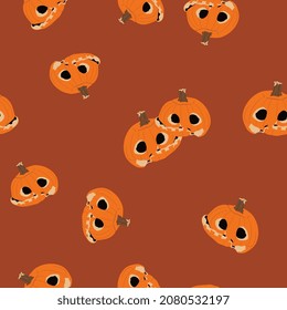 Seamless seasonal pattern with carved Halloween pumpkins. Jack o Lantern skull. 