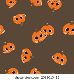 Seamless seasonal pattern with carved Halloween pumpkins. Jack o Lantern skull. 