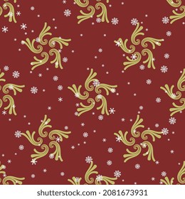 Seamless seasonal pattern with round spiral mandalas or stars and snowflakes. Winter Christmas design.