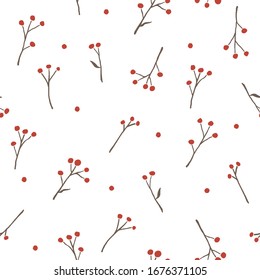 Seamless seasonal pattern with rowan tree twigs with red berries isolated on white background,Vintage retro style. Vector EPS10 design for fabric textile, wallpaper, wrapping paper, package, covers.