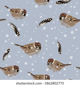 Seamless seasonal pattern with sparrow birds and snowflakes. Winter animal design.