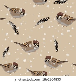Seamless seasonal pattern with sparrow birds and snowflakes. Winter animal design.	
