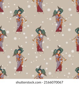 Seamless seasonal pattern with winged angels playing trumpets and snowflakes. Winter Christmas design. On light background.