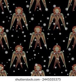 Seamless seasonal pattern with winged angels or cherubs and snowflakes. Christmas design. On black background.