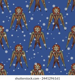 Seamless seasonal pattern with winged angels or cherubs and snowflakes. Christmas design. On blue  background.