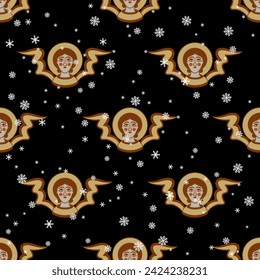 Seamless seasonal winer pattern with heads of medieval angels or cherubs and snowflakes. Christmas design. On black background.