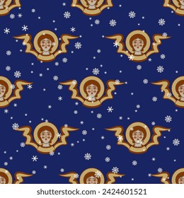 Seamless seasonal winer pattern with heads of medieval angels or cherubs and snowflakes. Christmas design. On blue background.