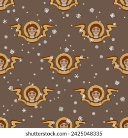 Seamless seasonal winer pattern with heads of medieval angels or cherubs and snowflakes. Christmas design. On brown gray background.