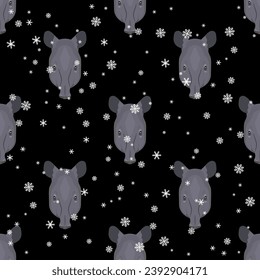 Seamless seasonal winter animal pattern with tapir heads and snowflakes. On black background.