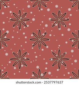 Seamless seasonal winter pattern with abstract star shapes and snowflakes. Christmas design. On red background.