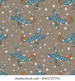 Seamless seasonal winter pattern with medieval knights riding horses and snowflakes. On gray background.