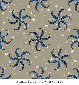 Patrón de invierno estacional sin fisuras con estrellas redondas en espiral y copos de nieve. Feliz diseño de Navidades.